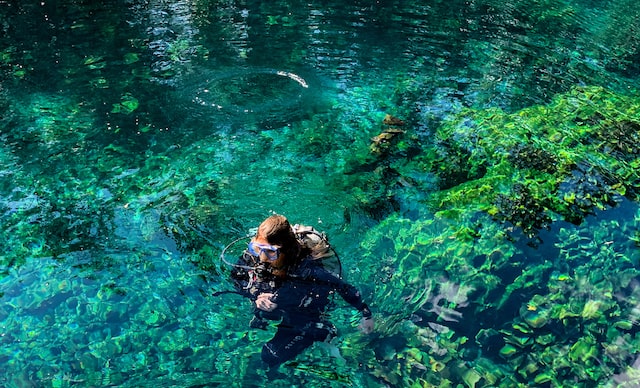 Eine Taucherin in einer Cenote in Mexiko, dank der Young Travellers Auslandskrankenversicherung ist das Tauchen abgesichert