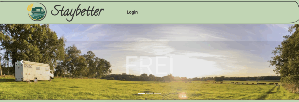 Screenshot der Staybetter Webseite mit dem Logo von Staybetter oben links und einem Bild von einem Camper auf einer Wiese. Das Bild vermittelt ein Gefühl von Freiheit und von legalem Campen in der Natur
