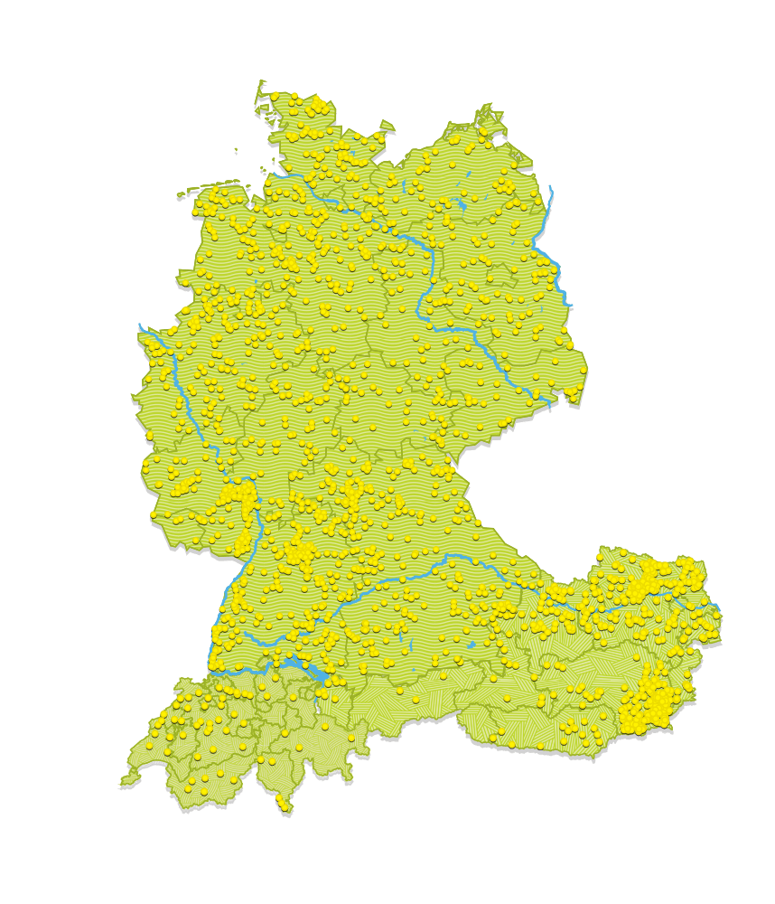 Eine Karte von Deutschland, der Schweiz und Österreich mit gelb markieren Punkten, die anzeigen, wo es überall Landvergnügen Gastgeber und Bauernhöfe gibt, die bei Landvergnügen mitmachen und wo man mit dem Camper und der Landvergnügen Mitgliedschaft übernachten kann