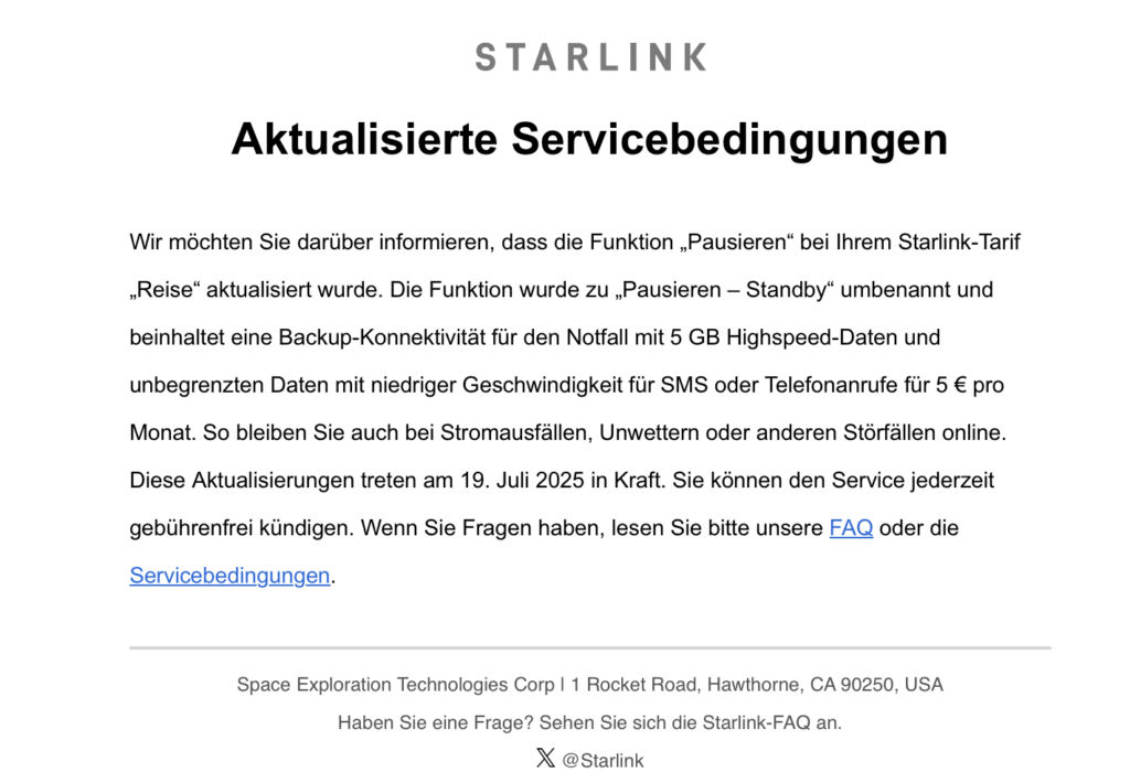 Update Email von Starlink zur kostenpflichtigen Pausierung im Juni 2025