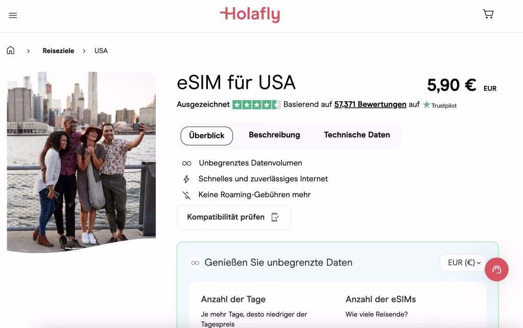 Screenshot der Holafly Webseite, die eSIMs für die USA anbieten mit unbegrenztem Datenvolumen