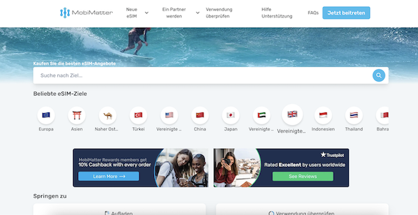 Screenshot der Mobimatter Webseite, die esims für viele verschiedene Länder anbietet u.a. auch Europa, Asien, USA und Kanada