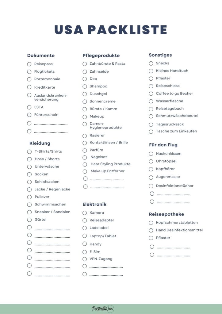 Eine Packliste von Perspektivan für USA mit unterschiedlichen Kategorien von Kleidung über Hygiene, Technik und Dokumenten. Man kann sich die Datei als PDF herunterladen