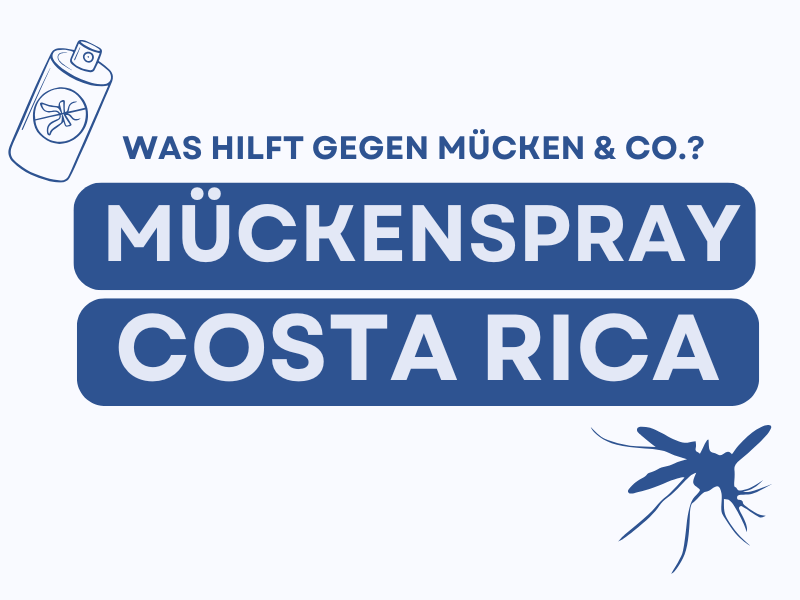 Grafik mit Mückenspray-Dose und Mücken-Symbol, dazu der Text: ‚Was hilft gegen Mücken & Co.? Mückenspray Costa Rica‘ in blauer und weißer Schrift.